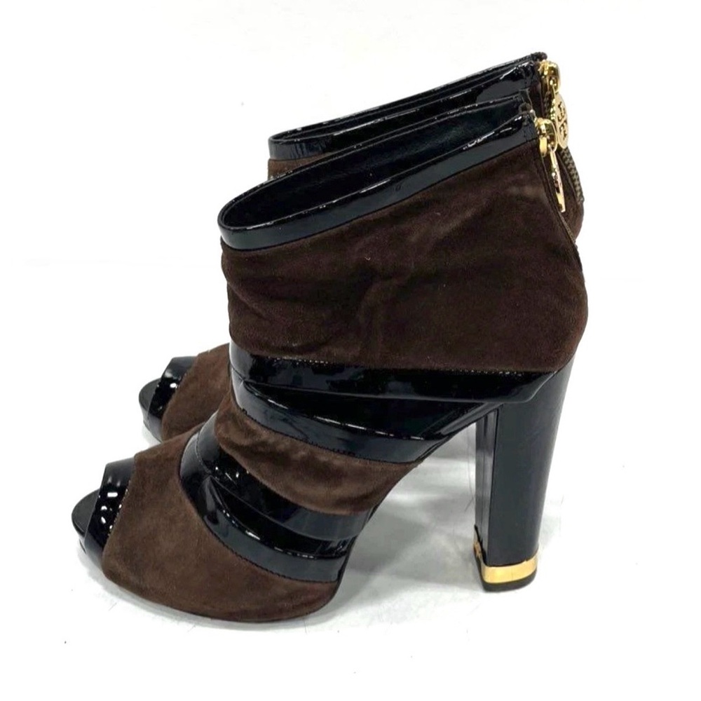BOGO > Tory Burch *Never Worn, Open Toe Espresso Suede Black Patent Ankle Boots